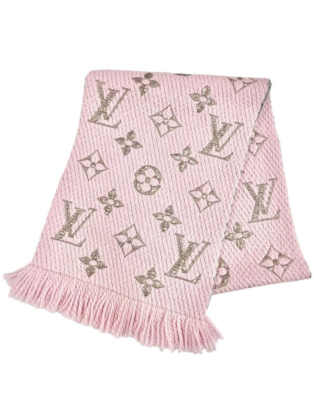 Louis Vuitton Echarpe Logo Mania Shine Wool Silk Blend Scarf Pink Gold - Picture 1 of 8